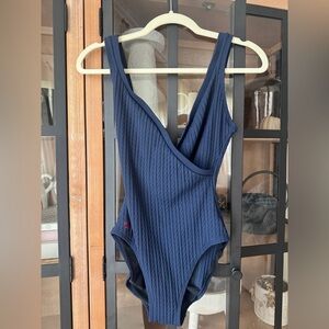 Vintage Ralph Lauren one piece swimsuit cableknit navy wrap vneck embroidered